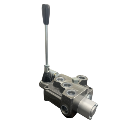 BLB BF901 LEVER VALVE COMPLETE WITH BUILT IN FLOW CONTROL hydraulicplanet The BLB BF901 LEVER VALVE COMPLETE WITH BUILT-IN FLOW CONTROL features a black handle, multiple ports, and a metallic body for dependable hydraulic flow management, shown isolated on a white background.