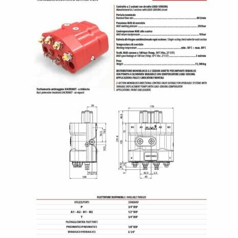 Tractor Front Loader Valve- Load Sensing For Closed Centre Systems-2 hydraulicplanet Technical data sheet for Tractor Front Loader Valve-Load Sensing for Closed Centre Systems; includes specs, dimensions, connection points, and thread types in Italian/English. Ideal for hydraulic applications.