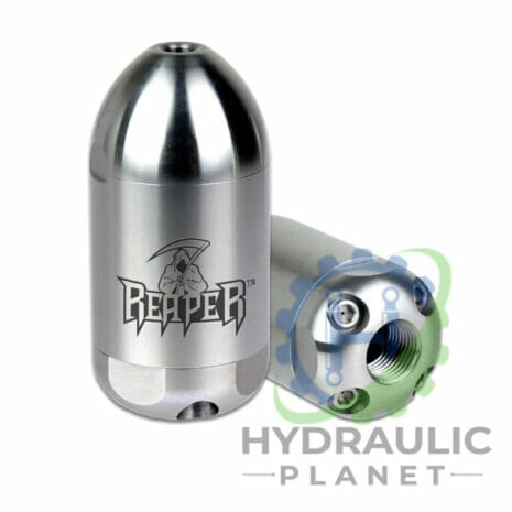 REAPER™ ROTATING JETTING NOZZLE 3/8" INLET, 24° hydraulicplanet Two polished cylindrical nozzles, one upright with the "Reaper" logo and one showing a 3/8" inlet and holes, highlight the precision design of the REAPER™ ROTATING JETTING NOZZLE 3/8" INLET, 24°.
