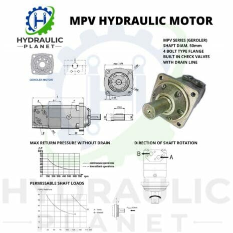 MPV GEROLER HYDRAULIC MOTOR (OMV, EPMV TYPE)-2 hydraulicplanet Technical diagram of the MPV Geroler Hydraulic Motor (OMV, EPMV Type) with labelled shaft, flange, rotation direction, pressure specs, permissible shaft loads, illustrations, and dimensions.