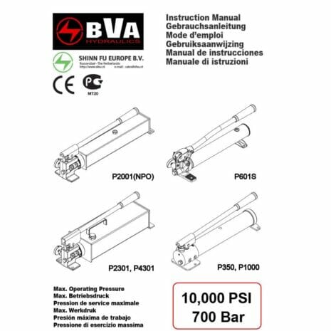 P350 HAND PUMP-2 hydraulicplanet Instruction manual cover page for the BVA Hydraulics P350 HAND PUMP, featuring the model diagram and a maximum pressure of 10,000 PSI / 700 Bar.