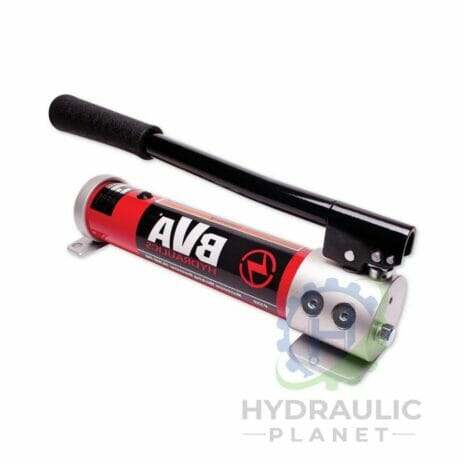 hydraulicplanet The P350 HAND PUMP by BVA Hydraulics features a red and silver design with a black handle, displayed on a white background with the Hydraulic Planet logo in the corner.