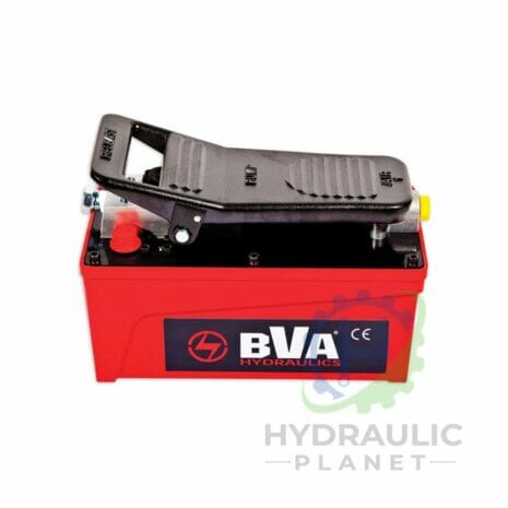 hydraulicplanet The PA1500 TURBO AIR PUMP by BVA Hydraulics features a red body, black pedal, multiple valve connections, and Turbo Air Pump technology, shown against a white background.