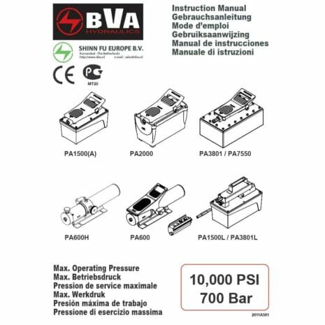 PA1500 TURBO AIR PUMP-2 hydraulicplanet BVA Hydraulics instruction manual cover features the PA1500 TURBO AIR PUMP, includes product images, model number PA1500, and has a max operating pressure of 10,000 PSI (700 Bar). Manual is available in multiple languages.