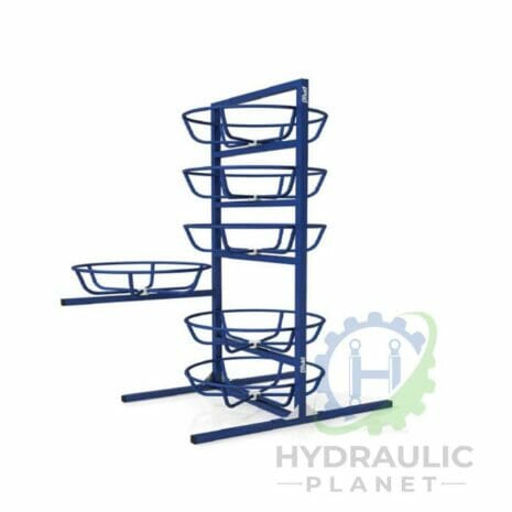 hydraulicplanet The 6 TIER HOSE COILER/STAND is a blue metal storage rack with five circular wire shelves for organising hoses or cables, featuring the "Hydraulic Planet" logo in the bottom right corner.