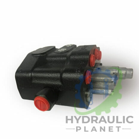 TRACTOR FRONT LOADER VALVE- OPEN CENTRE- FOR OPEN CENTRE SYSTEMS-2 hydraulicplanet A TRACTOR FRONT LOADER VALVE for open centre systems, black with red and silver fittings, is set on a white background with the Hydraulic Planet logo partially visible.