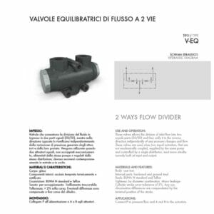 hydraulicplanet A technical diagram and photo of the VEQ 2 WAY 50/50 FLOW DIVIDER, with Italian and English product descriptions and specifications shown on the page.