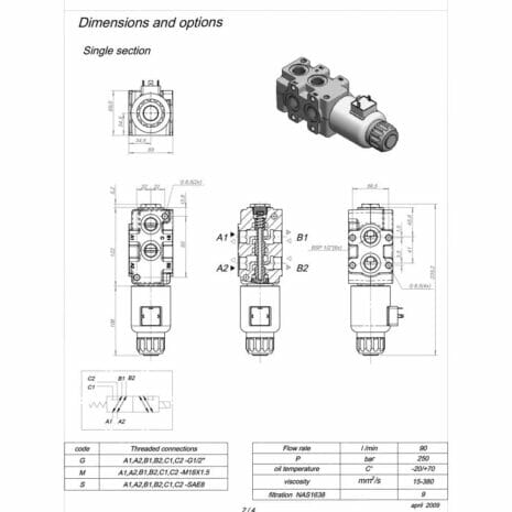 6 PORT DIVERTER VALVE-4 hydraulicplanet Technical drawing and 3D rendering of the 6 PORT DIVERTER VALVE, detailing dimensions, connection codes, flow specifications, and technical data.
