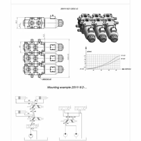 6 PORT DIVERTER VALVE-2 hydraulicplanet Technical drawing of the 6 PORT DIVERTER VALVE assembly showing top, side, and front views, a performance graph, and example mounting schematics at the bottom.