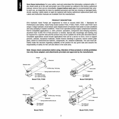 P350 HAND PUMP-3 hydraulicplanet Page from the P350 HAND PUMP manual with safety warnings, product description, and labelled diagrams identifying parts such as the handle, reservoir, and relief valve.