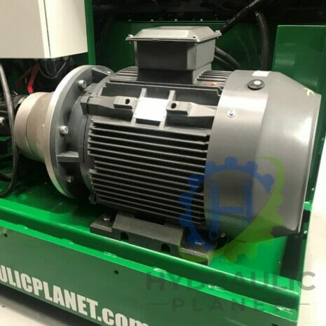 37 kW POWER UNIT-10 hydraulicplanet A CHECK VALVE is mounted on a green base, featuring visible cooling fins and electrical connections.