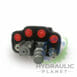 hydraulicplanet Close-up of a HIGH PRESSURE 3 WAY DIVERTER VALVE with three red-capped ports and metallic parts. The Hydraulic Planet logo appears in the background.
