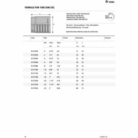 Non Skive Ferrule For 1SN/2SN/2SC-2 hydraulicplanet Table displaying technical specifications and dimensions for the Non-Skive Ferrule for 1SN/2SN/2SC hoses, accompanied by a ferrule diagram at the top left.