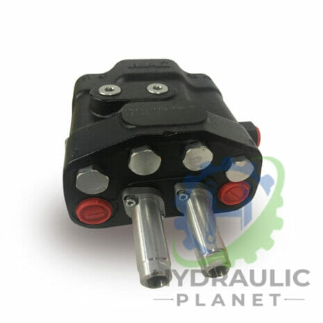 TRACTOR FRONT LOADER VALVE- OPEN CENTRE- FOR OPEN CENTRE SYSTEMS-3 hydraulicplanet A black P80 SERIES MONOBLOCK CONTROL VALVE with metal fittings and red caps is shown on a white background, with the Hydraulic Planet logo partly visible.