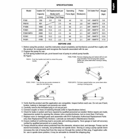 P350 HAND PUMP-4 hydraulicplanet Specifications and instructions page for the P350 HAND PUMP, with a technical data chart, labelled operation diagrams, and black-and-white safety warnings.