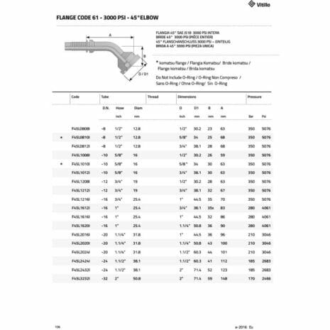 FLANGE CODE 61- 3000 PSI - 45° ELBOW-2 hydraulicplanet Technical diagram and spec table for FLANGE CODE 61-3000 PSI-45° ELBOW, showing dimensions, 3000 PSI rating, and part codes for all sizes.