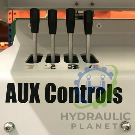 37 kW POWER UNIT-9 hydraulicplanet Four black-handled levers labelled 1–4 on a white "AUX Controls HYDRAULIC PLANET" panel with a gear and piston logo are used with the P350 HAND PUMP to achieve precise hydraulic adjustments.