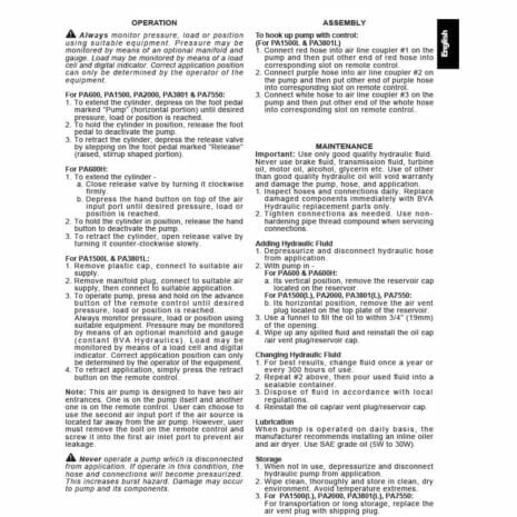 PA1500 TURBO AIR PUMP-6 hydraulicplanet Instruction manual page for the PA1500 TURBO AIR PUMP with black text outlining operation, assembly, maintenance procedures, safety warnings, and numbered steps.