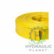 hydraulicplanet A coiled yellow HELIFLEX PVC LAYFLAT HOSE with a glossy surface is displayed on a white background, featuring the Hydraulic Planet logo in the foreground.