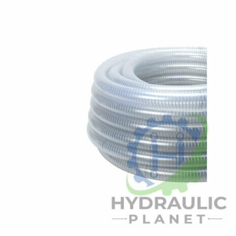 HELIFLEX SPIREX HOSE CLEAR PVC REINFORCED WITH WIRE HELIX-2 hydraulicplanet HELIFLEX SPIREX HOSE CLEAR PVC REINFORCED WITH WIRE HELIX is shown coiled, highlighting its visible wire helix reinforcement, set against a white background with a partially visible Hydraulic Planet logo at the bottom right.