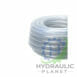hydraulicplanet HELIFLEX SPIREX HOSE CLEAR PVC REINFORCED WITH WIRE HELIX is shown coiled, highlighting its visible wire helix reinforcement, set against a white background with a partially visible Hydraulic Planet logo at the bottom right.