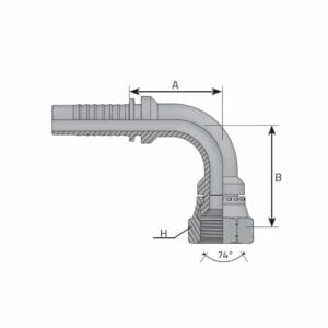 hydraulicplanet Technical diagram of the JIC 37° FEMALE - 90° ELBOW hydraulic fitting with labelled dimensions A, B, H, a 74° angle, and details for JIC 37° female connections.