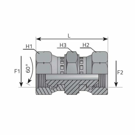 hydraulicplanet Technical drawing of ADAPTOR METRIC SWIVEL FEMALE - METRIC SWIVEL FEMALE shows labelled dimensions L, H1, H2, H3; forces F1 and F2; a 60-degree angle; plus a cutaway section view displaying its internal structure.
