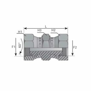 hydraulicplanet Cross-sectional side view technical drawing of an ADAPTOR SWIVEL FEMALE BSPP - SWIVEL FEMALE BSPP, showing labelled dimensions L, H1, H2, H3, F1, F2, and a 60-degree angle.