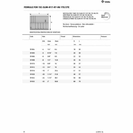 NON SKIVE FERRULE FOR 1SC-2 hydraulicplanet Technical datasheet for NON-SKIVE FERRULE FOR 1SC showing dimensions and specs, with a table of code, hose type, diameter, and pressure values.