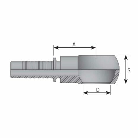 BSP BANJO hydraulicplanet Technical drawing of the BSP BANJO hose fitting with a section view, highlighting labelled dimensions A, D, and S for length and diameter measurements.