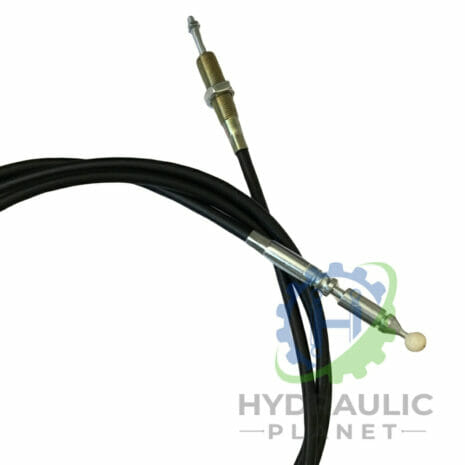 JOYSTICK CONTROL CABLE hydraulicplanet The JOYSTICK CONTROL CABLE features metal fittings on both ends and is coiled above a "Hydraulic Planet" logo on a white background.