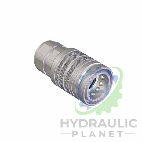 hydraulicplanet 3D rendering of the PUSH PULL SHORT BODY ½” BSP FEMALE hydraulic quick coupler with hex nut, knurled grips, and locking balls, shown above the "Hydraulic Planet" logo.