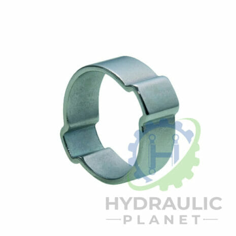hydraulicplanet A TWO EAR CLIP metal hose clip with a smooth surface and two raised sections is displayed on a white background featuring the Hydraulic Planet logo watermark.