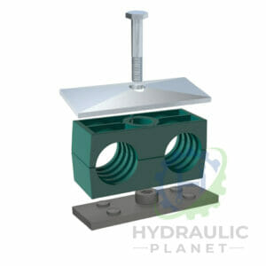 hydraulicplanet Exploded view of HEAVY DUTY HOSE CLAMP - TWIN BLOCK, showing bolt, metal top plate, green twin block clamp body, and metal base plate.