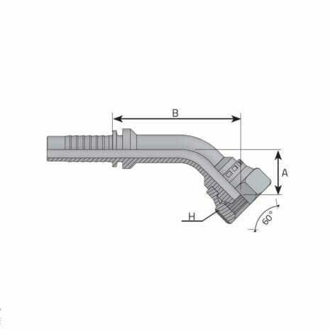 hydraulicplanet Technical drawing of a BSPP FEMALE - 45° ELBOW (CRIMP NUT) hose fitting, showing dimensions A, B, and H, with a crimp nut detail and a BSPP female threaded end on the right.