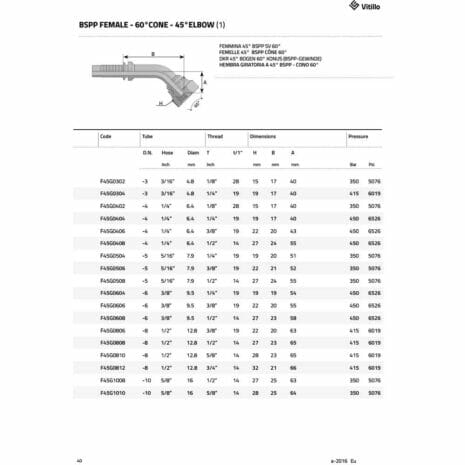 BSPP FEMALE - 45° ELBOW (CRIMP NUT)-2 hydraulicplanet Table with technical specifications for BSPP FEMALE - 45° ELBOW (CRIMP NUT) fittings, listing size, thread, dimensions, and pressure ratings. A diagram of the fitting appears at the top.