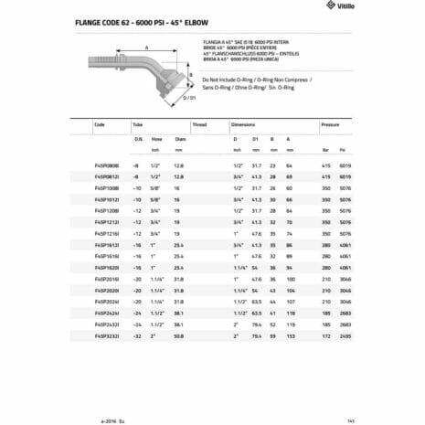 FLANGE CODE 62 - 6000 PSI - 45° ELBOW-2 hydraulicplanet Technical diagram of FLANGE CODE 62 - 6000 PSI - 45° ELBOW, with a parts table showing codes, hose diameters, thread sizes, dimensions, and 6000 PSI ratings for different models.