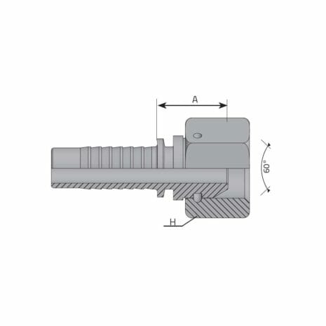 hydraulicplanet Technical drawing of the BSPP FEMALE (THRUST WIRE NUT) hose fitting, section view, with labelled dimensions A and H, a 60° angle on the fitting head, and detailed thrust wire nut features.