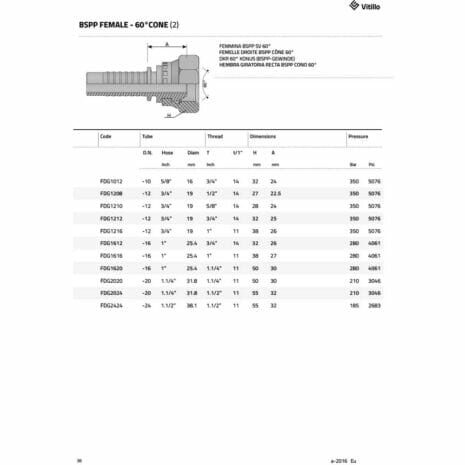 BSPP FEMALE (CRIMP NUT)-2 hydraulicplanet Technical diagram of BSPP FEMALE (CRIMP NUT) fitting with 60° cone, plus a table showing product codes, hose sizes, thread details, and pressure ratings in bar and lbf/in².