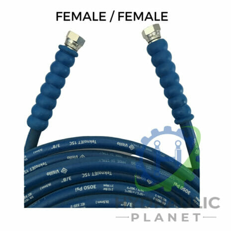 hydraulicplanet 3/8" 1 wire blue pressure washer hose assembly with BSP female fittings and protective end covers; "FEMALE / FEMALE" is displayed above the hose.