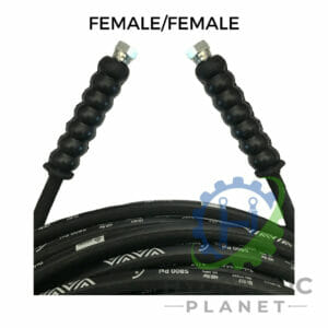 hydraulicplanet 1/4" 2 wire black pressure washer hose assembly with BSP female fittings, labelled "FEMALE/FEMALE." A gear and leaf logo appears partially in the bottom right corner.