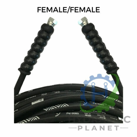 hydraulicplanet 1/4" 2 wire black pressure washer hose assembly with BSP female fittings, labelled "FEMALE/FEMALE." A gear and leaf logo appears partially in the bottom right corner.