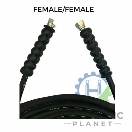 hydraulicplanet The 1/4" 1 Wire Black Pressure Washer Hose Assembly features BSP female fittings on both ends, shown coiled and labelled “FEMALE/FEMALE”—ideal for use as a durable pressure washer hose.
