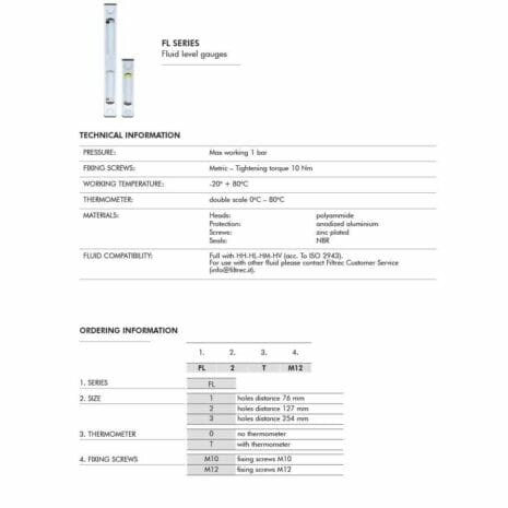 FLUID LEVEL GAUGES FL SERIES-4 hydraulicplanet A technical datasheet for FLUID LEVEL GAUGES FL SERIES, including specs, material info, and an ordering guide. Two FL SERIES gauges showing fluid levels appear at the top.