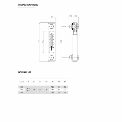 FLUID LEVEL GAUGES FL SERIES-5 hydraulicplanet Technical drawing of FLUID LEVEL GAUGES FL SERIES flow meter, showing front/side views, labelled dimensions, and a table with nominal sizes and measurements for codes F1, F2, F3; ideal for fluid level gauge applications.
