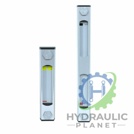 hydraulicplanet Two vertical FLUID LEVEL GAUGES FL SERIES with transparent gauges, black tops, grey bodies, and MAX/MIN markings; Hydraulic Planet logo shown at bottom right.