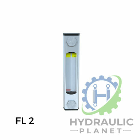 FLUID LEVEL GAUGES FL SERIES-2 hydraulicplanet FLUID LEVEL GAUGES FL SERIES: Rectangular gauge with hex screws on top and bottom, partial yellow and red indicator visible, labelled "FL 2" and "Hydraulic Planet.