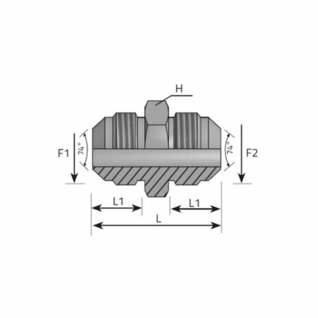 hydraulicplanet Technical drawing of the ADAPTOR MALE JIC - MALE JIC mechanical fitting with labelled dimensions F1, F2, L, L1, H and 74.6° angles on both sides.