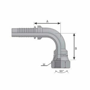 hydraulicplanet Technical diagram of the KOMATSU STYLE FEMALE - 90° ELBOW hydraulic hose fitting, showing labelled dimensions A, B, H, and a 60-degree base angle.