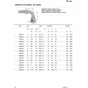 hydraulicplanet Specifications table for the KOMATSU STYLE FEMALE - 90° ELBOW hydraulic fitting, showing hose size, thread size, dimensions, and pressure ratings. A technical drawing of the 90° elbow fitting appears at the top.